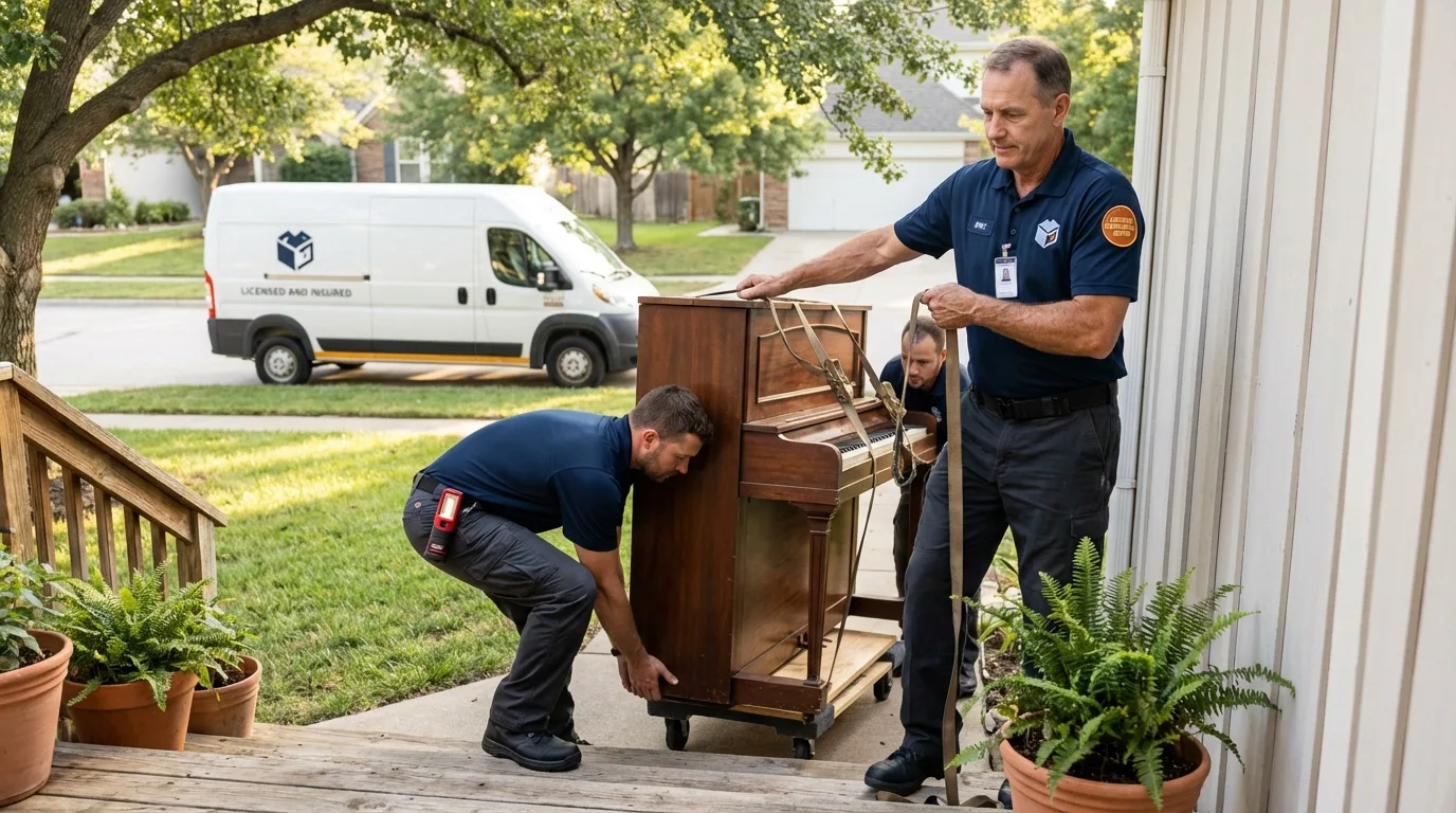 Licensed piano movers securing grand piano in Willowbrook, IL