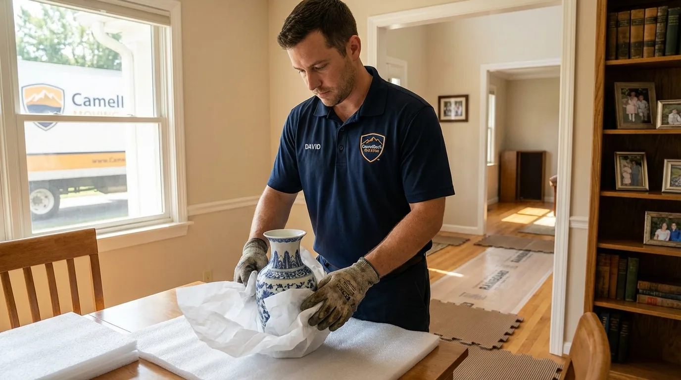 Professional crew carefully wrapping antique vase for senior downsizing move in Willowbrook, IL